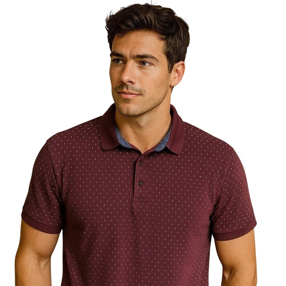 Zara Man Polka Dot Polo Shirt Denim Trim Casual Modern Burgundy Large